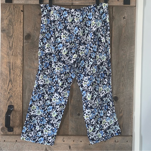 Women’s L NAUTICA Navy Blue Floral Cotton Rayon Knit Pull On Wide Leg Crop Pants - Picture 5 of 10
